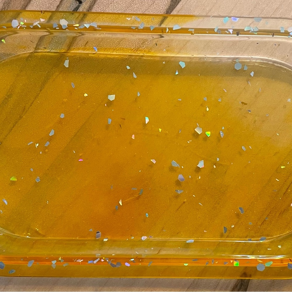 One-of-a-kind Honey-colored, Oval, Silver Glitter Resin Jewelry Plate